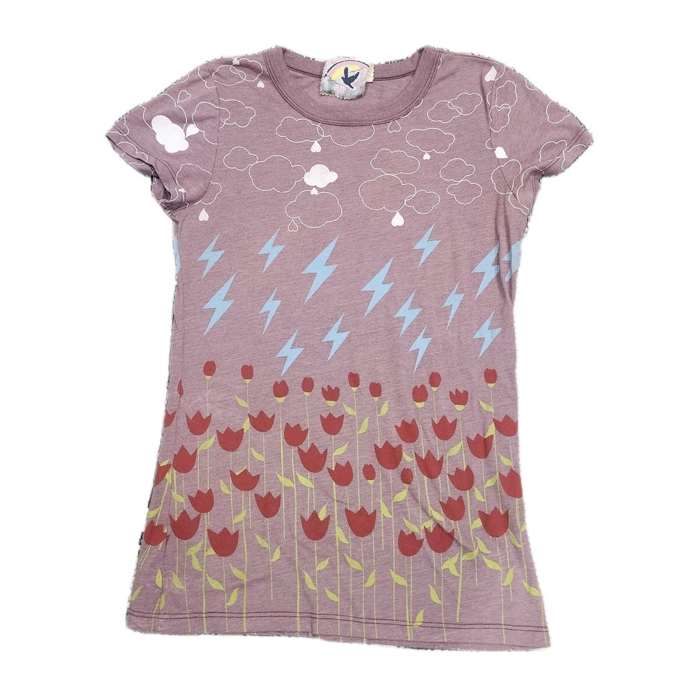 Girl Culture Pink Graphic Tee L Cloud Lightning Bolt Tulip Floral Short Sleeve‎